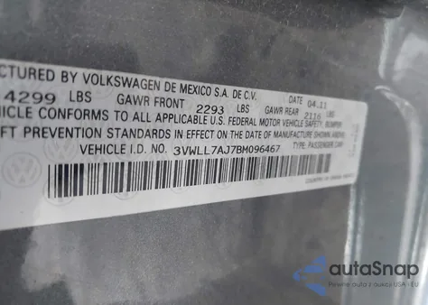 2011 Volkswagen Jetta 2.0L Tdi from USA, damaged, VIN 3VWLL7AJ7BM096467